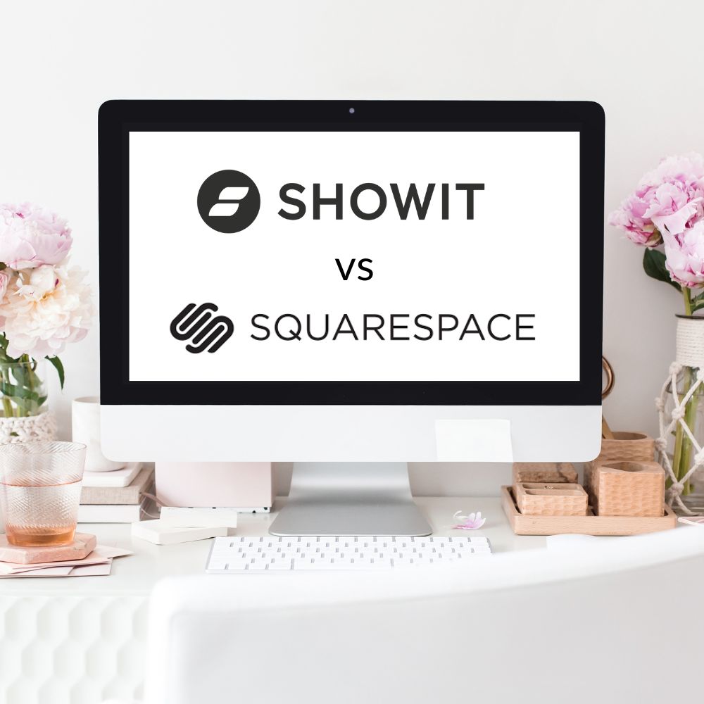 Showit logo and Squarespace logo on the background of a desktop computer.